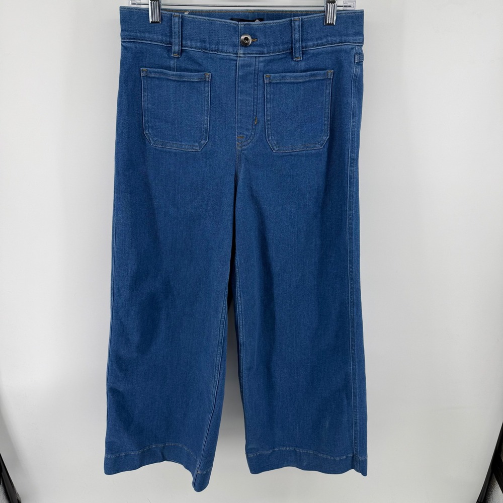Spanx Cropped Wide Leg Jeans Medium Wash High Rise Patch Pockets Blue‎ Size M